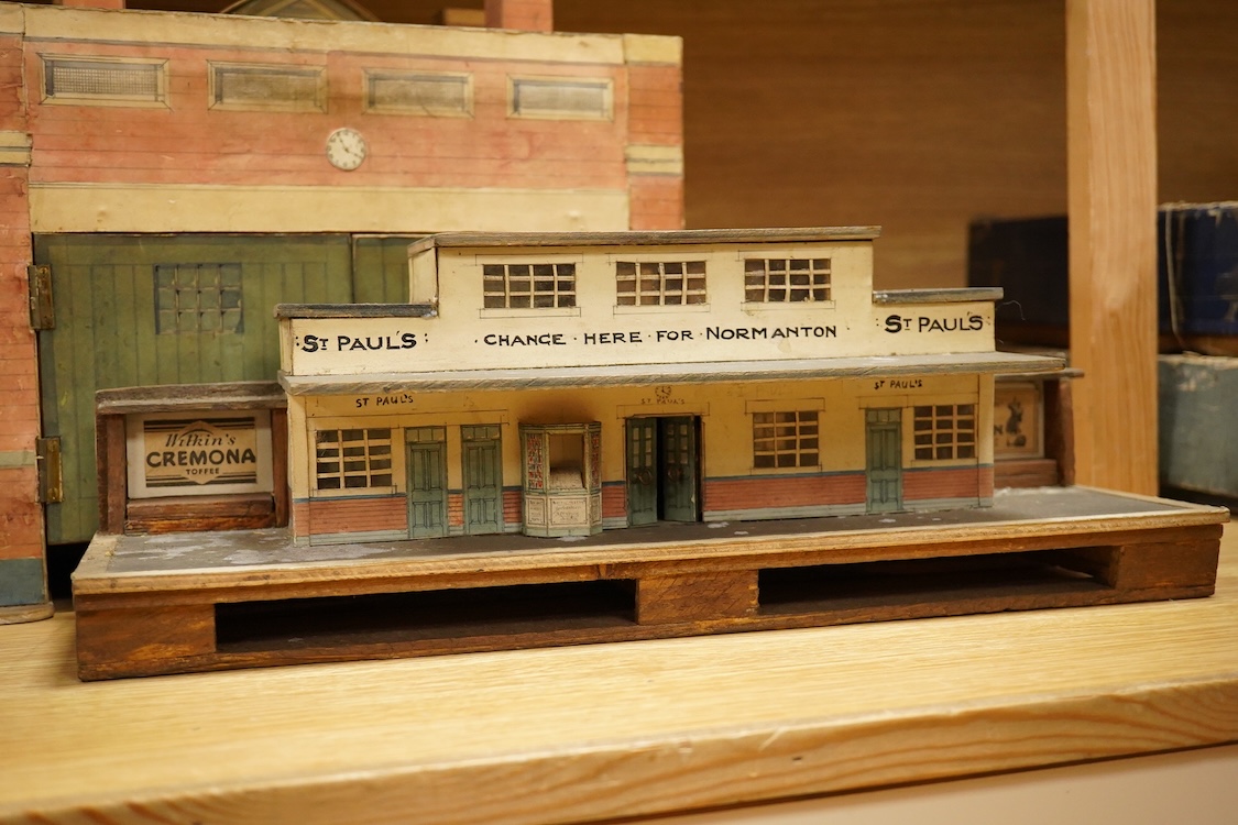 Eleven 0 gauge railway wooden freight wagons, wooden bodies and most possibly kit built using Bonds etc. parts, including a Leeds bogie mineral wagon, together with two kit or scratchbuilt wooden London Underground stati